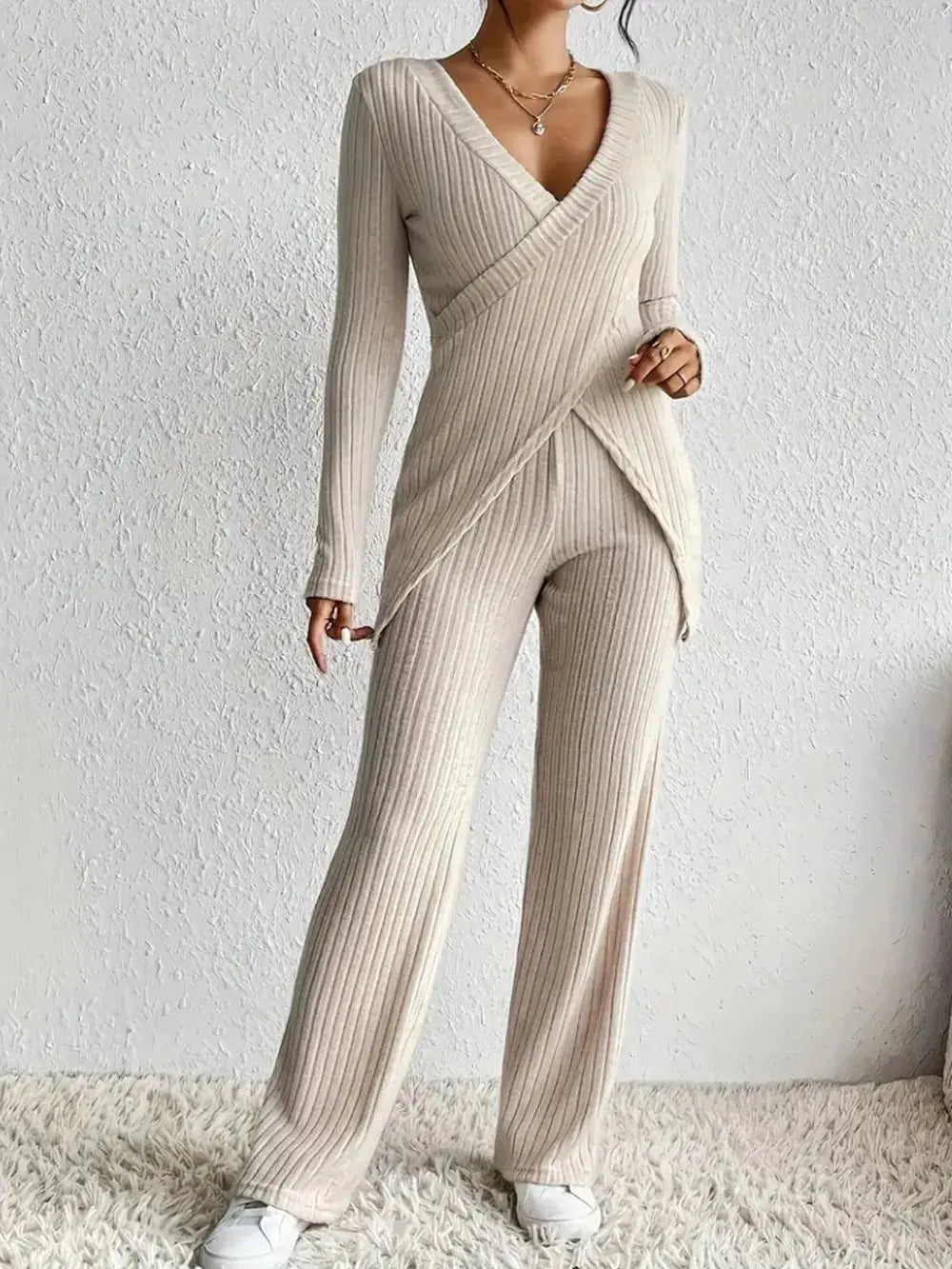 Surplice Long Sleeve Top and Pants Set.