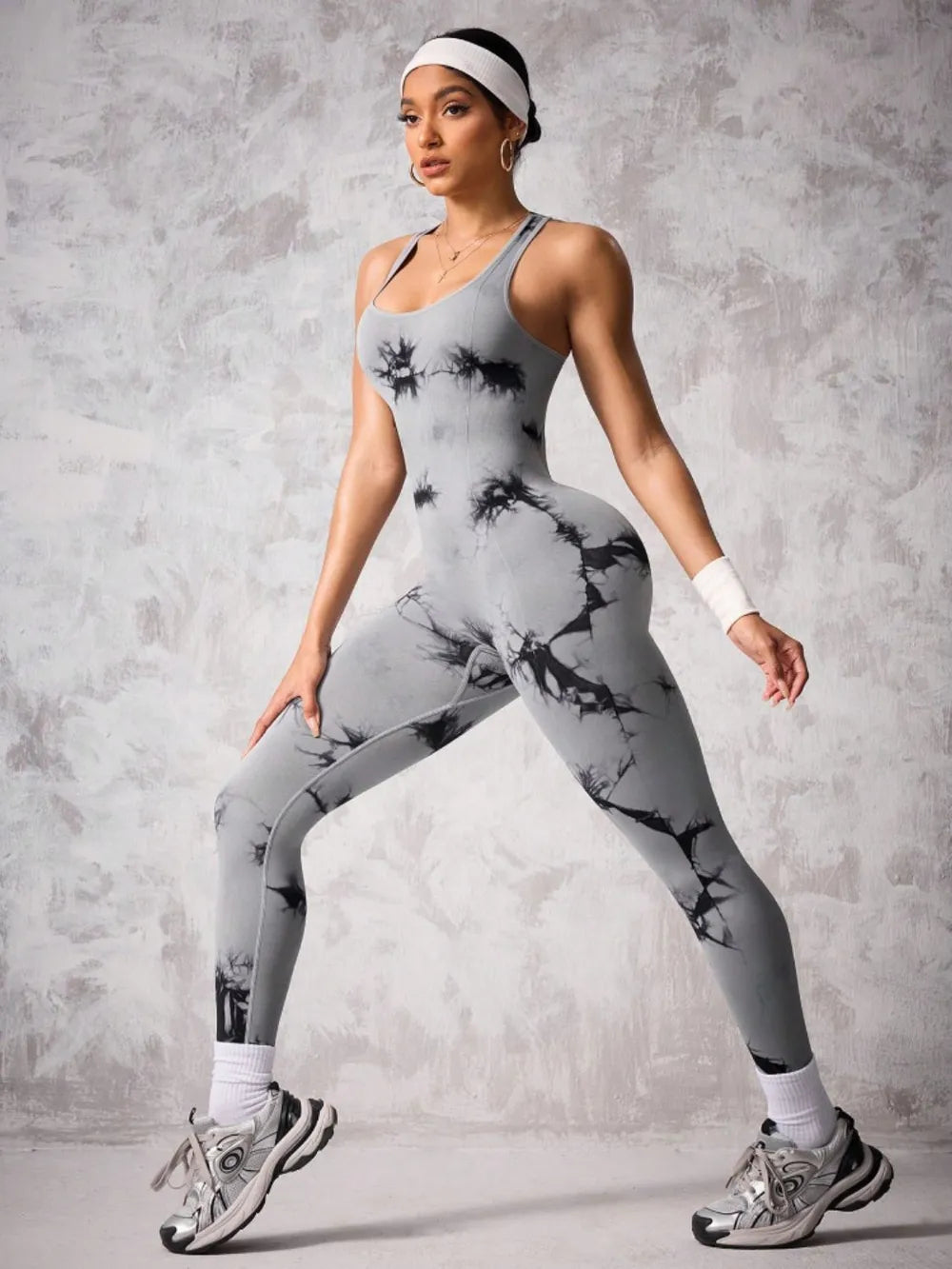 Back Crisscross Tie-Dye Scoop Neck Active Jumpsuit.