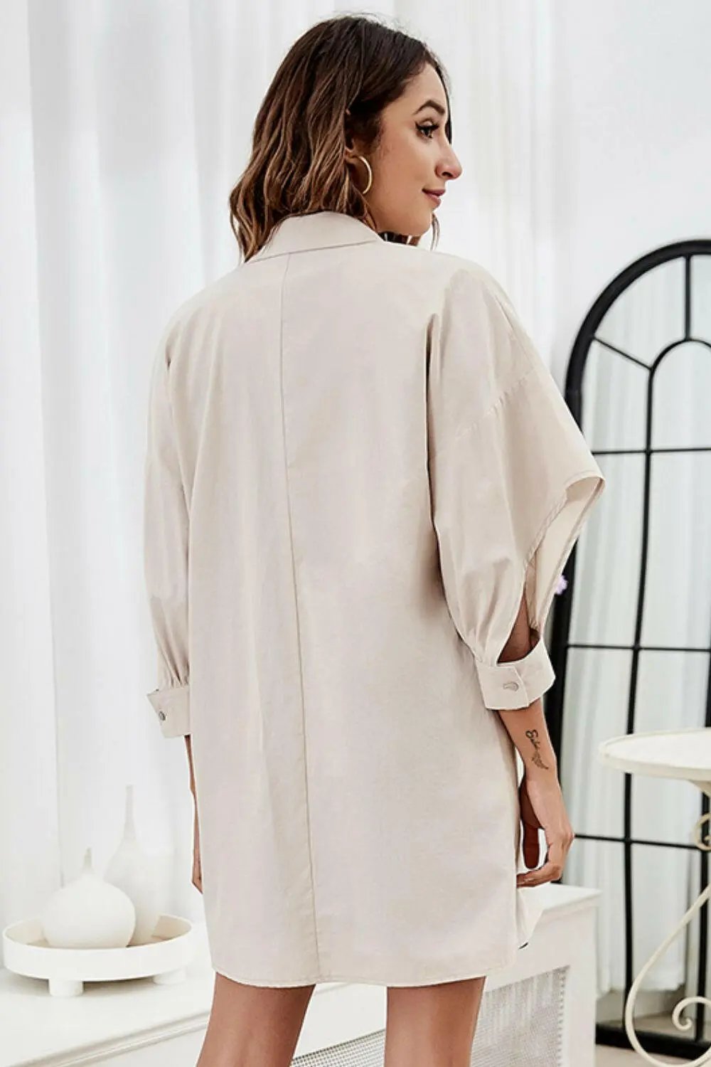 Tie Front Collared Neck Cutout Shacket.