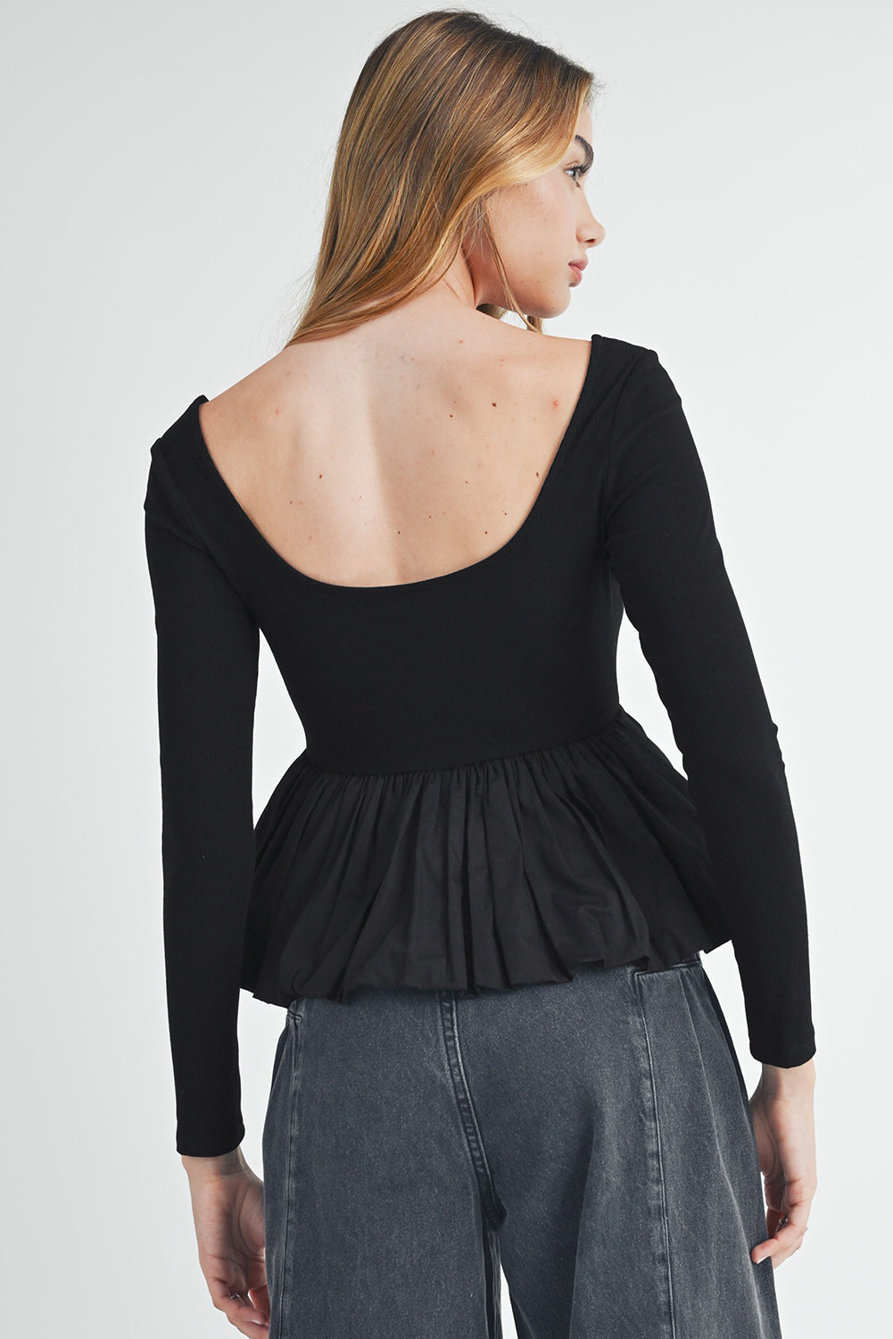Black Ribbed Knit Long Sleeve Scoop Neck Peplum Patchwork Top Dear-Lover Dropshipping