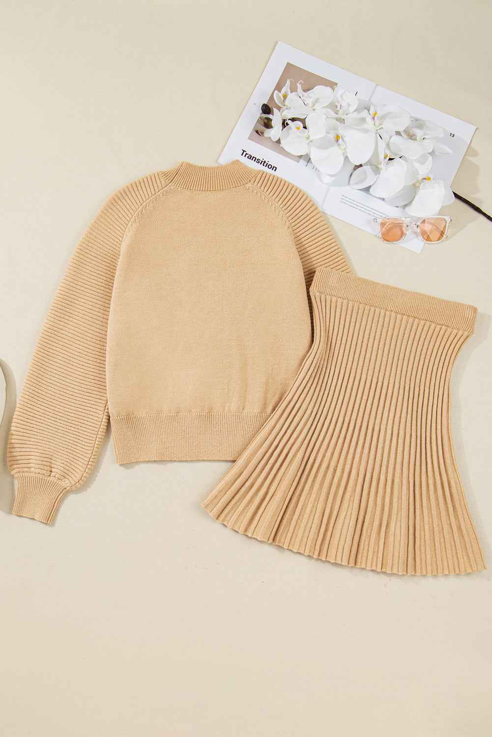 Smoke Gray High Neck Puff Sleeve Sweater Pleated Mini Skirt 2pcs Knitted Outfit