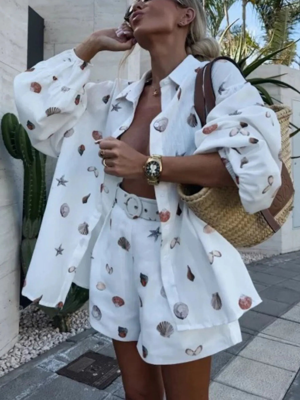 Shell Print Long Sleeve Shirt and Belt Shorts Set.