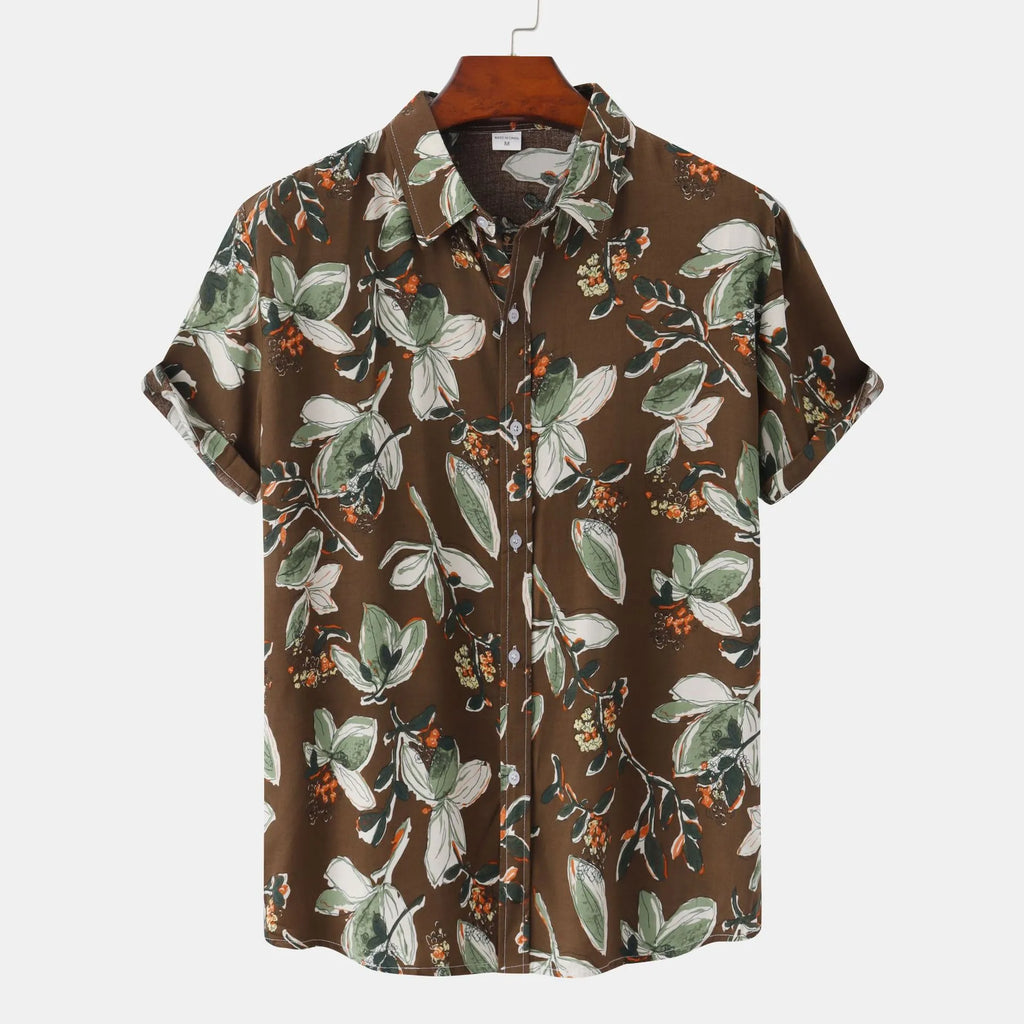 Men's Plus Size Floral Print Short Sleeve Button-Up Shirt.