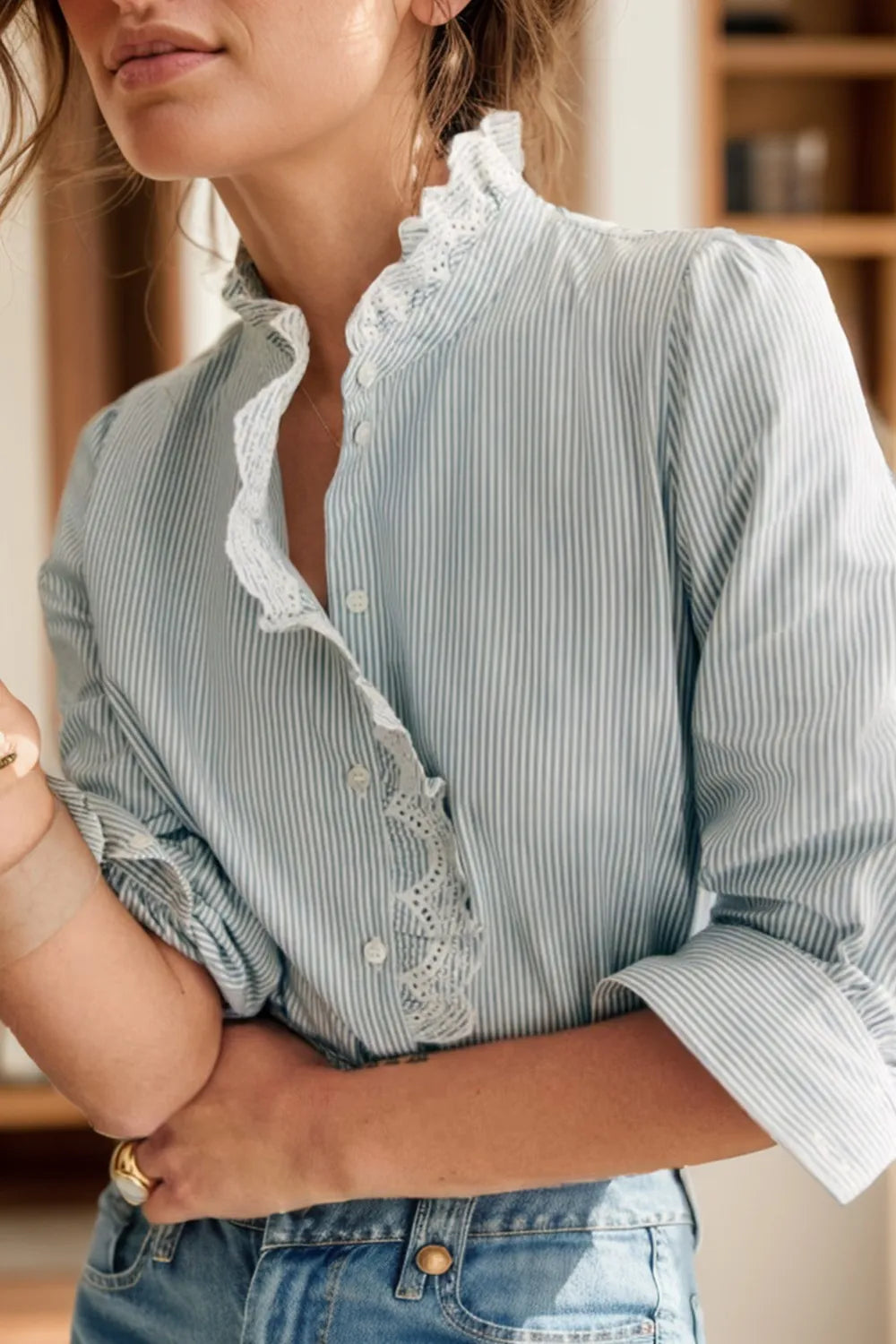 Lace Detail Striped Mock Neck Long Sleeve Shirt.