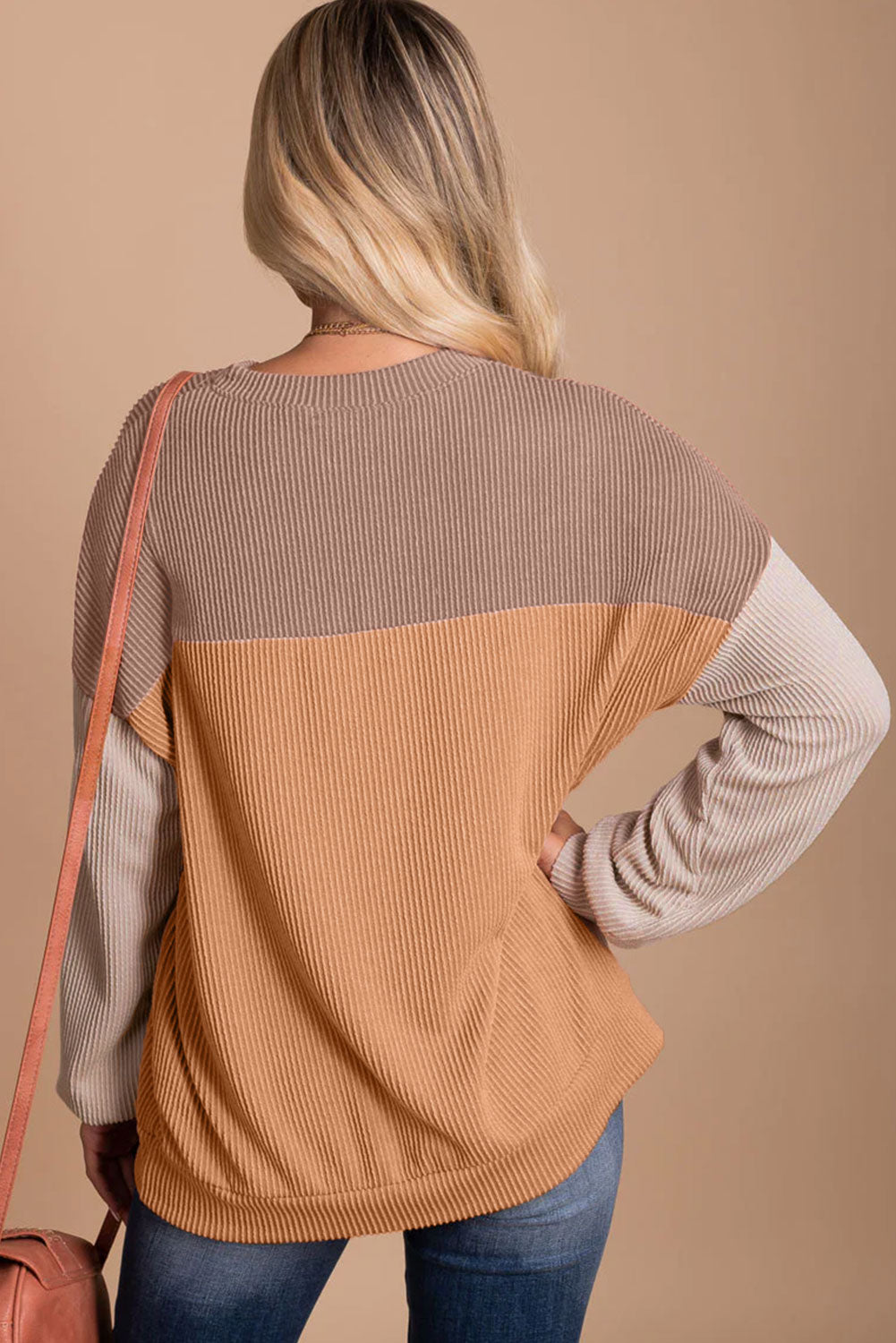 Khaki Color Block Long Sleeve Ribbed Loose Top Dear-Lover Dropshipping