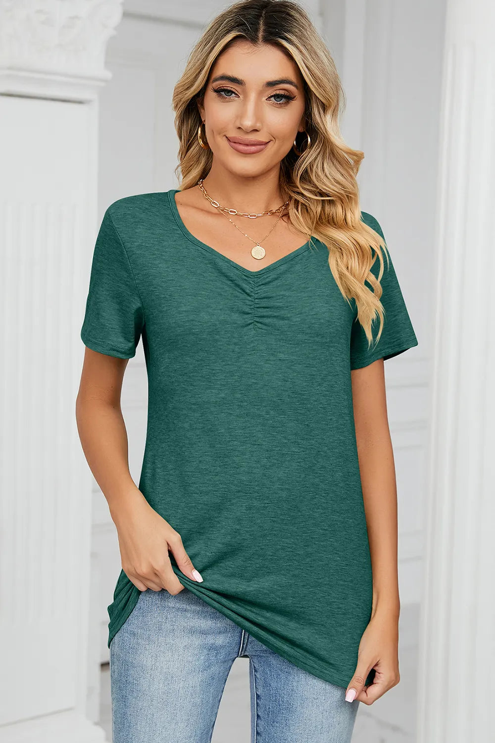Ruched Heathered Short Sleeve T-Shirt.