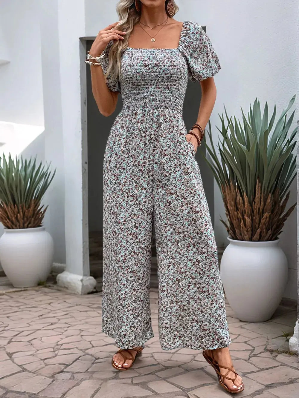 Perfee Ditsy Floral Smocked Square Neck Puff Sleeve Jumpsuit.