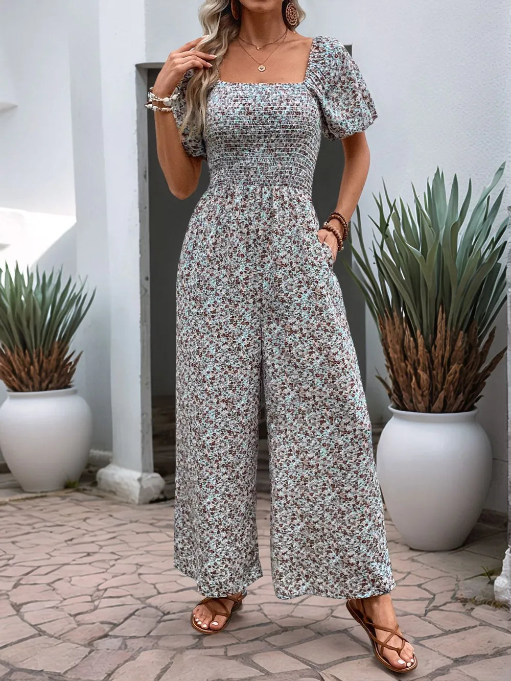 Perfee Ditsy Floral Smocked Square Neck Puff Sleeve Jumpsuit - CHIC TB