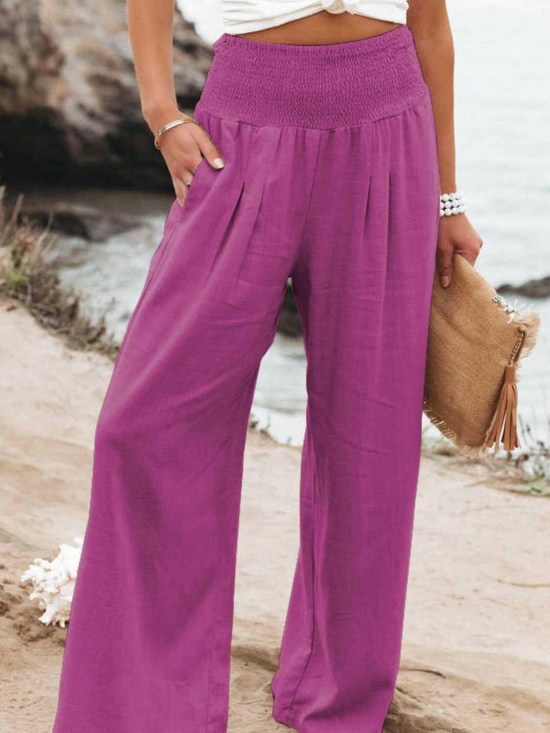 Full Size Smocked Waist Wide Leg Pants.