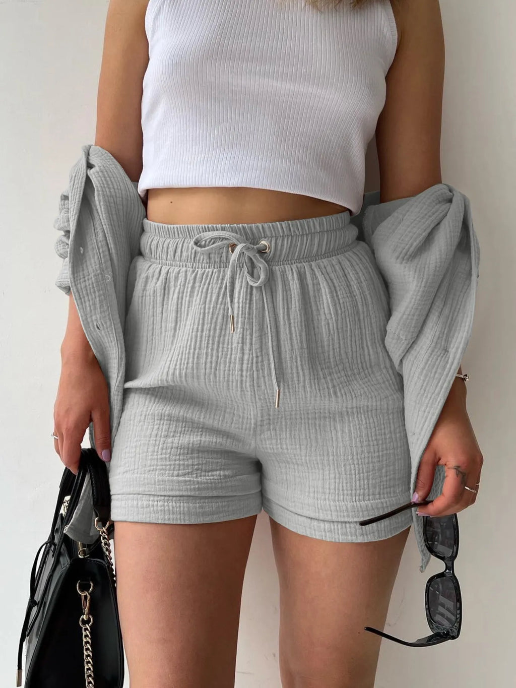 Textured Button Up Shirt and Shorts Set.