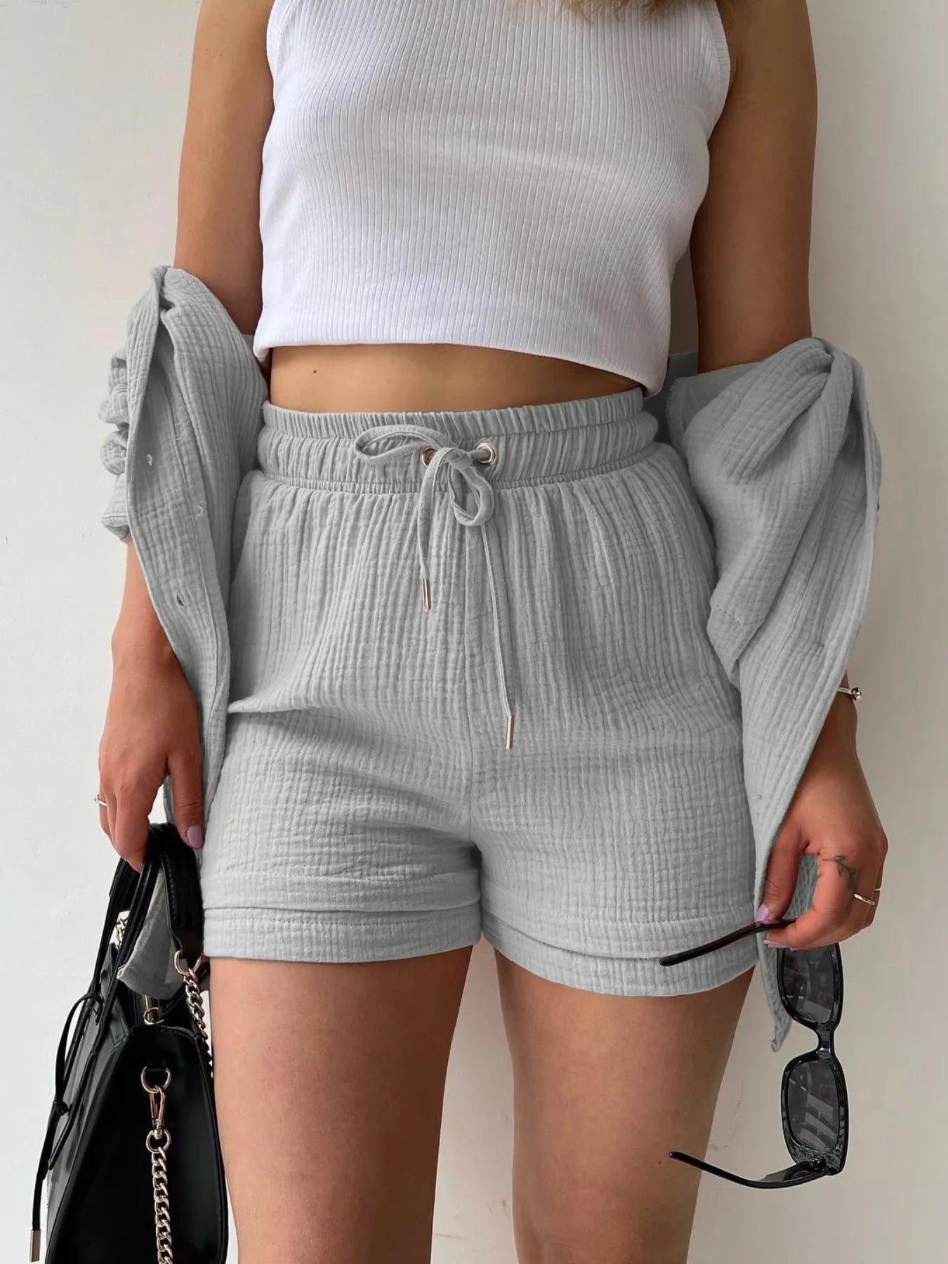 Textured Button Up Shirt and Shorts Set.