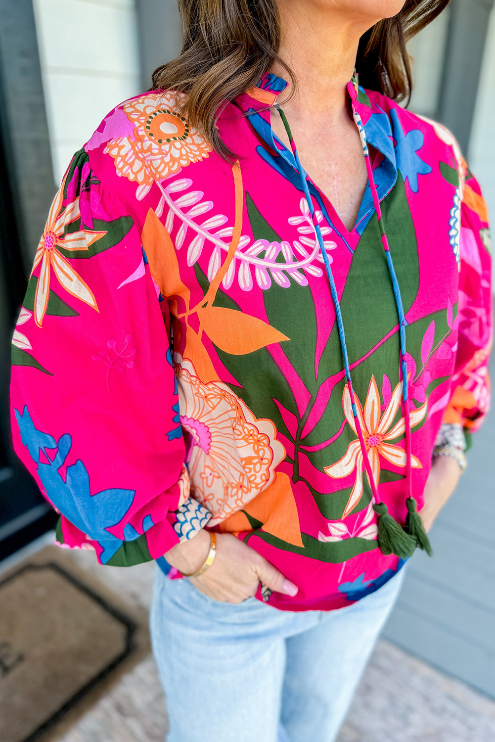 Rose Blooming Flower Print Ruffled Puff Sleeve Blouse Dear-Lover Dropshipping