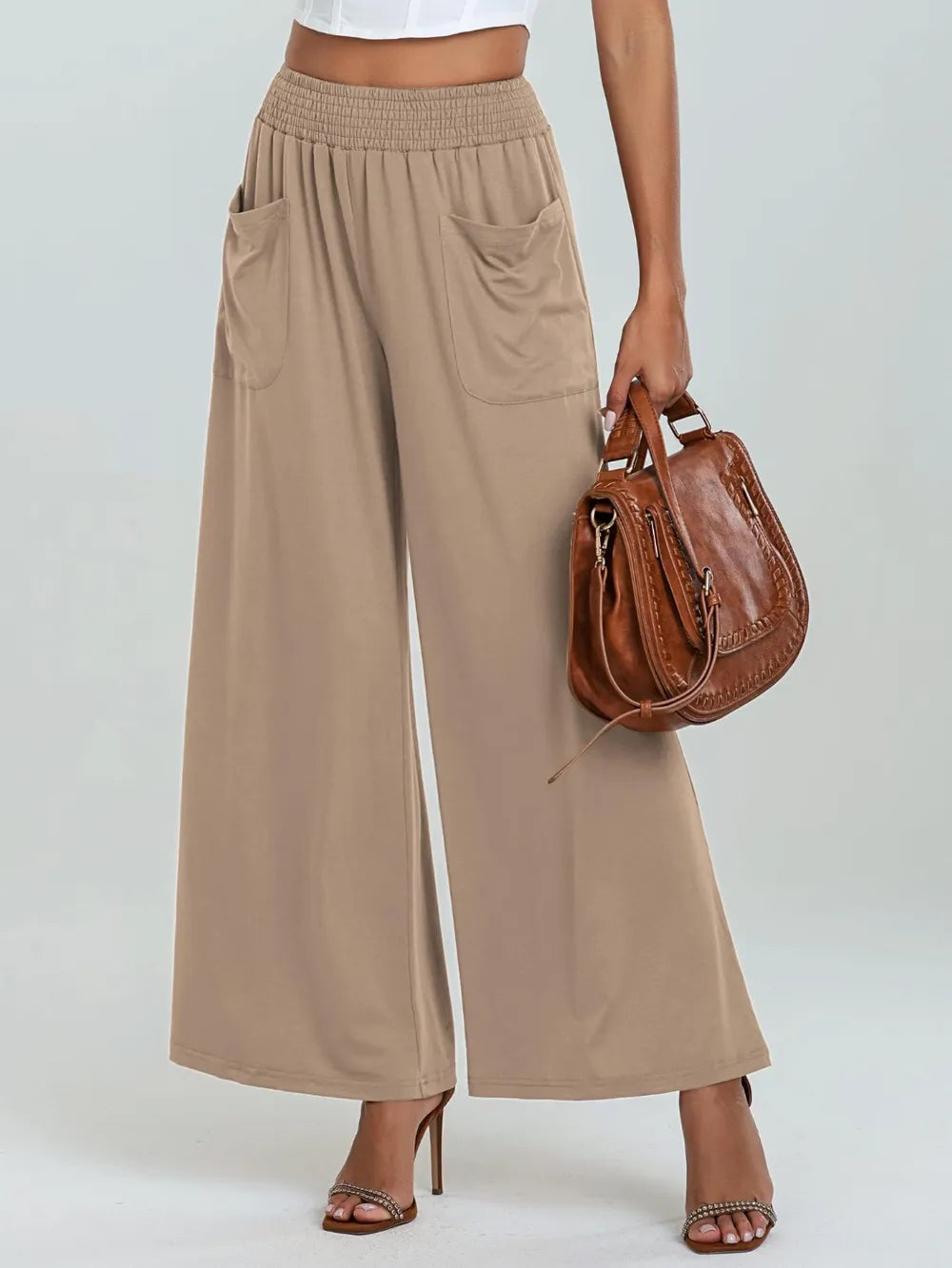 Pocketed Elastic Waist Wide Leg Pants.