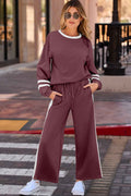 Mineral Red Varsity Stripe Patchwork Puff Sleeve Pullover Drawstring Wide Leg Pant Set