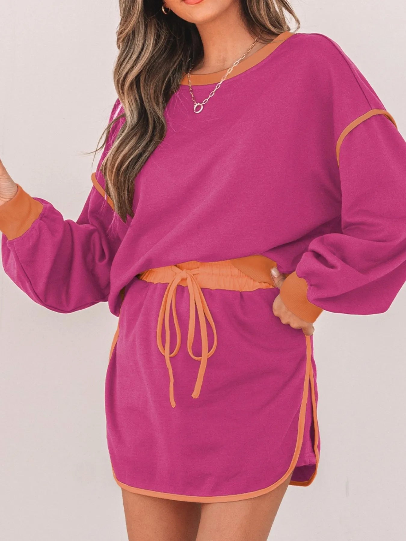 Contrast Trim Long Sleeve Top and Skort Set.