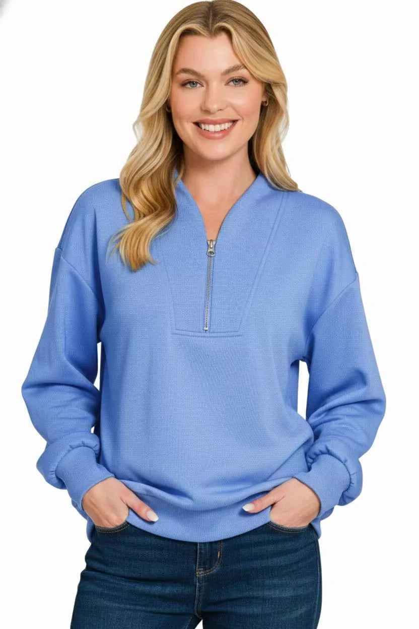 Zenana Scuba Half Zip Drop Shoulder Sweatshirt