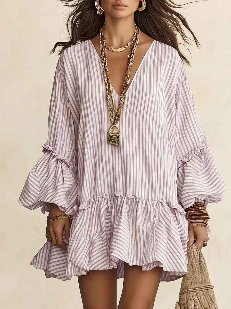 Womens Striped Print V-Neck Long-Sleeve Dress