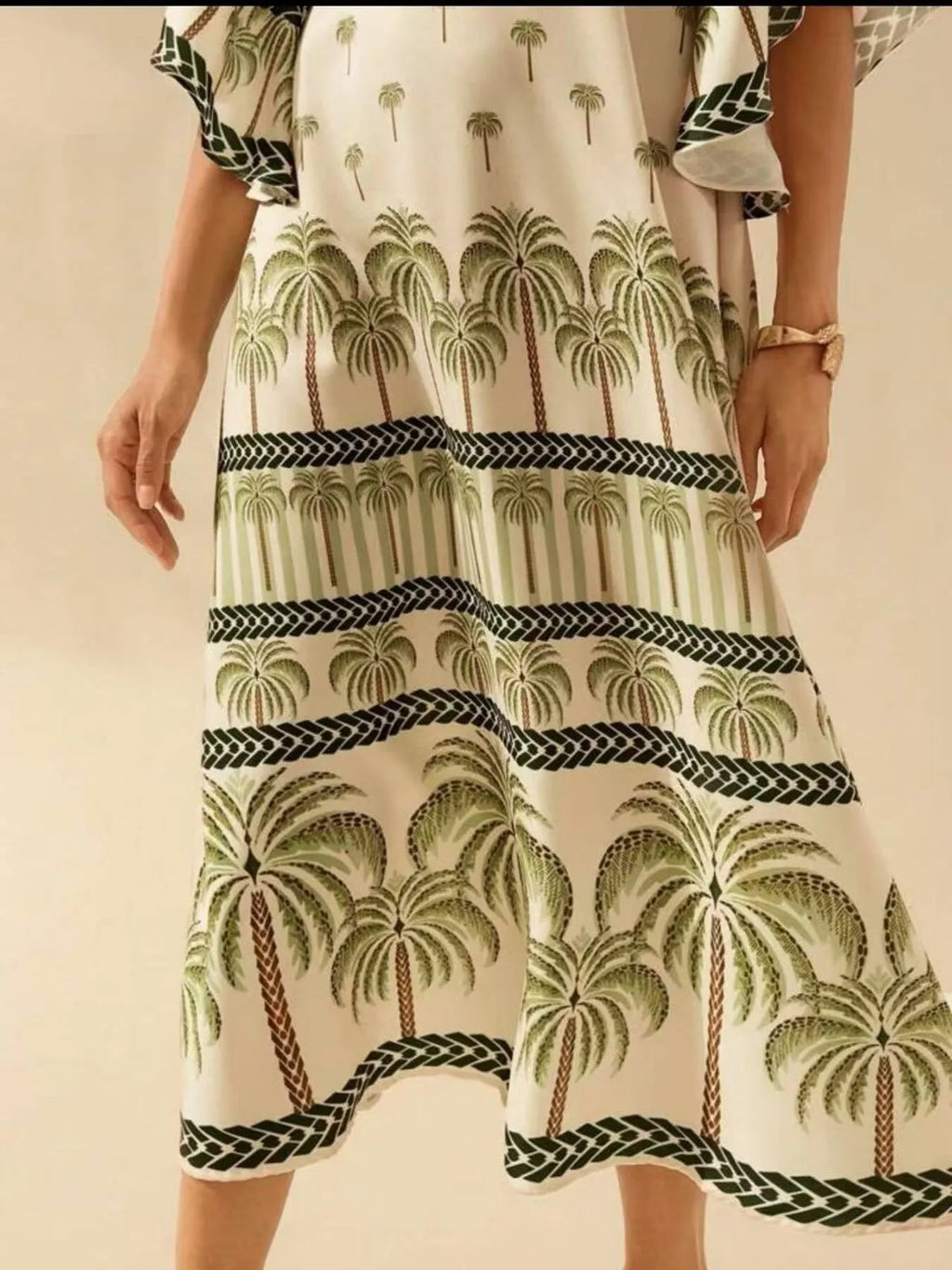 Palm Print V-Neck Midi Dress.