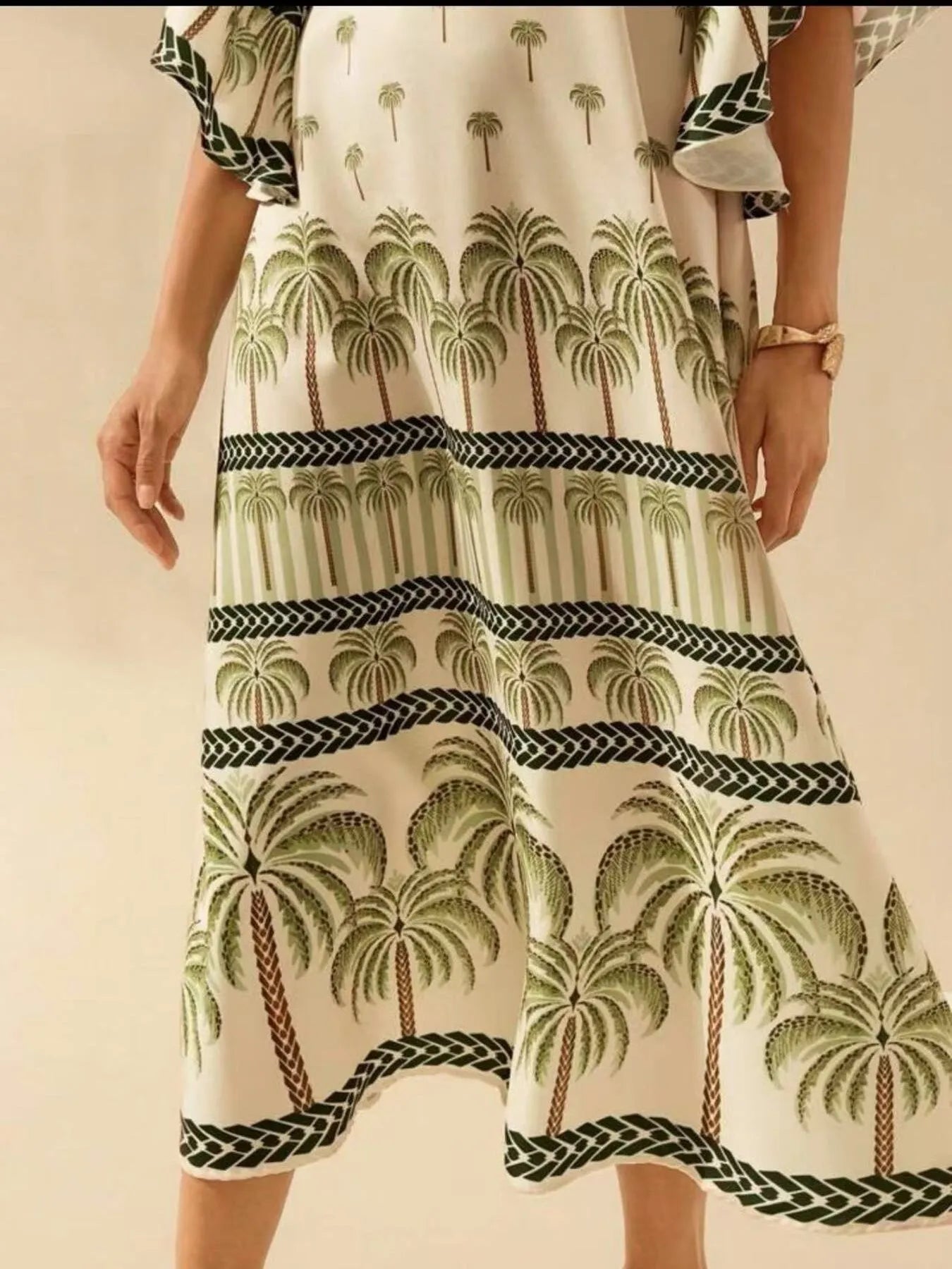 Palm Print V-Neck Midi Dress.
