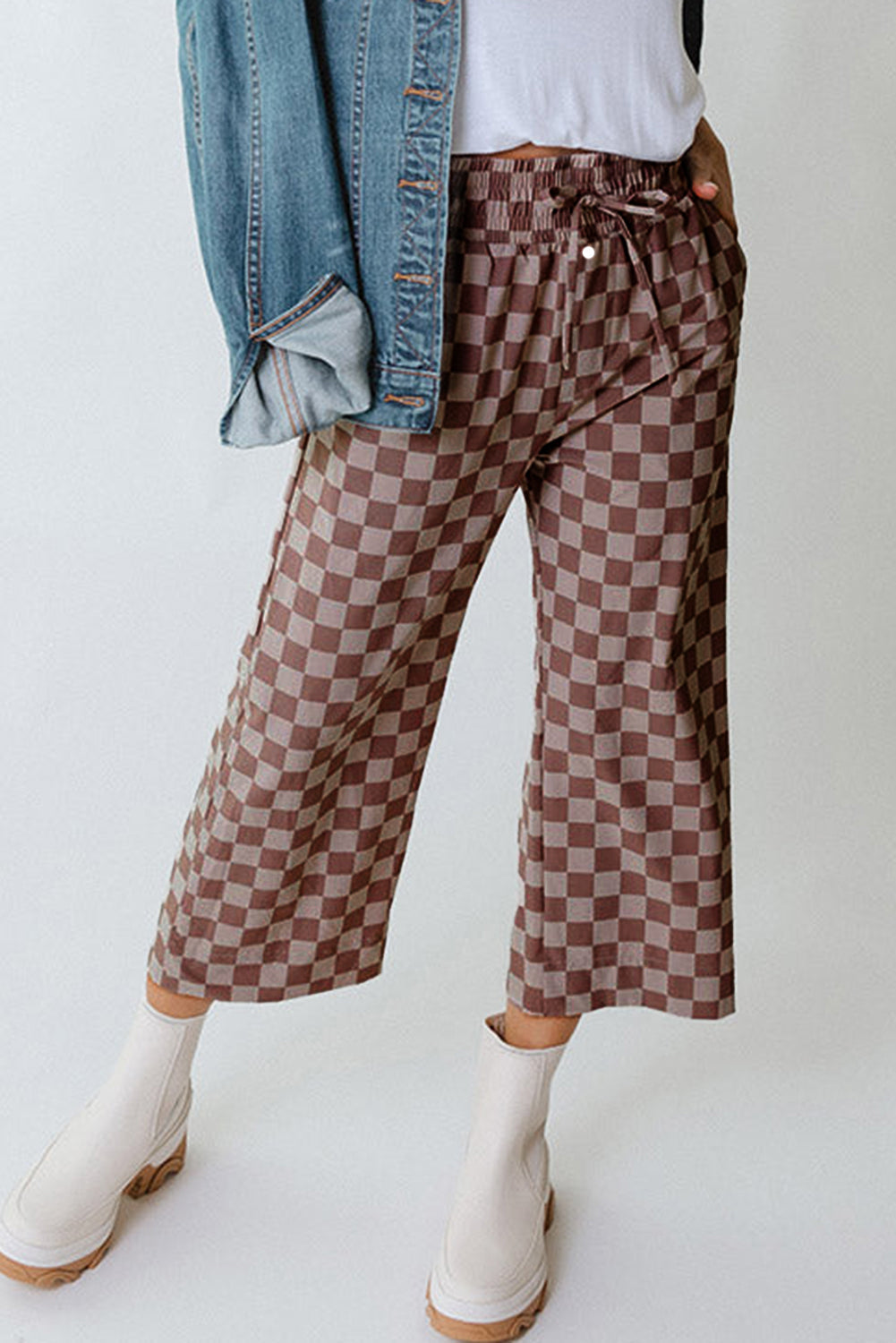 Khaki Checkered Elastic High Waist Loose Casual Pants Dear-Lover Dropshipping