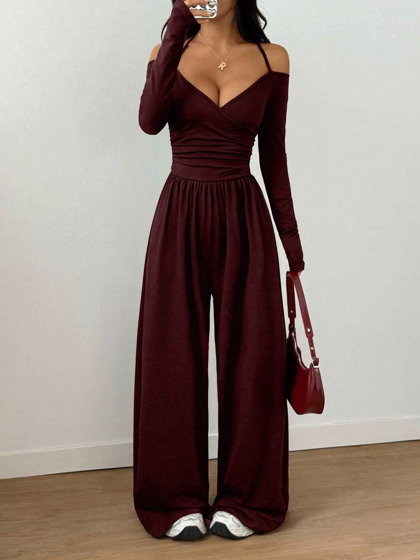 V-neck Halter Lace-up Long-sleeve Jumpsuit For Women