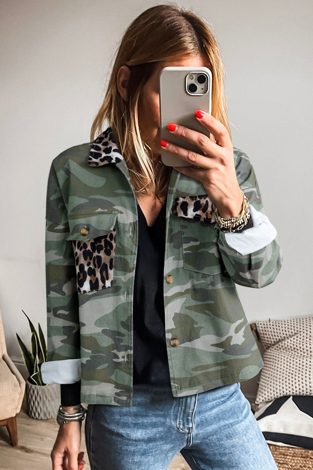 Green Camo Leopard Patchwork Flap Pocket Crop Jacket Dear-Lover Dropshipping