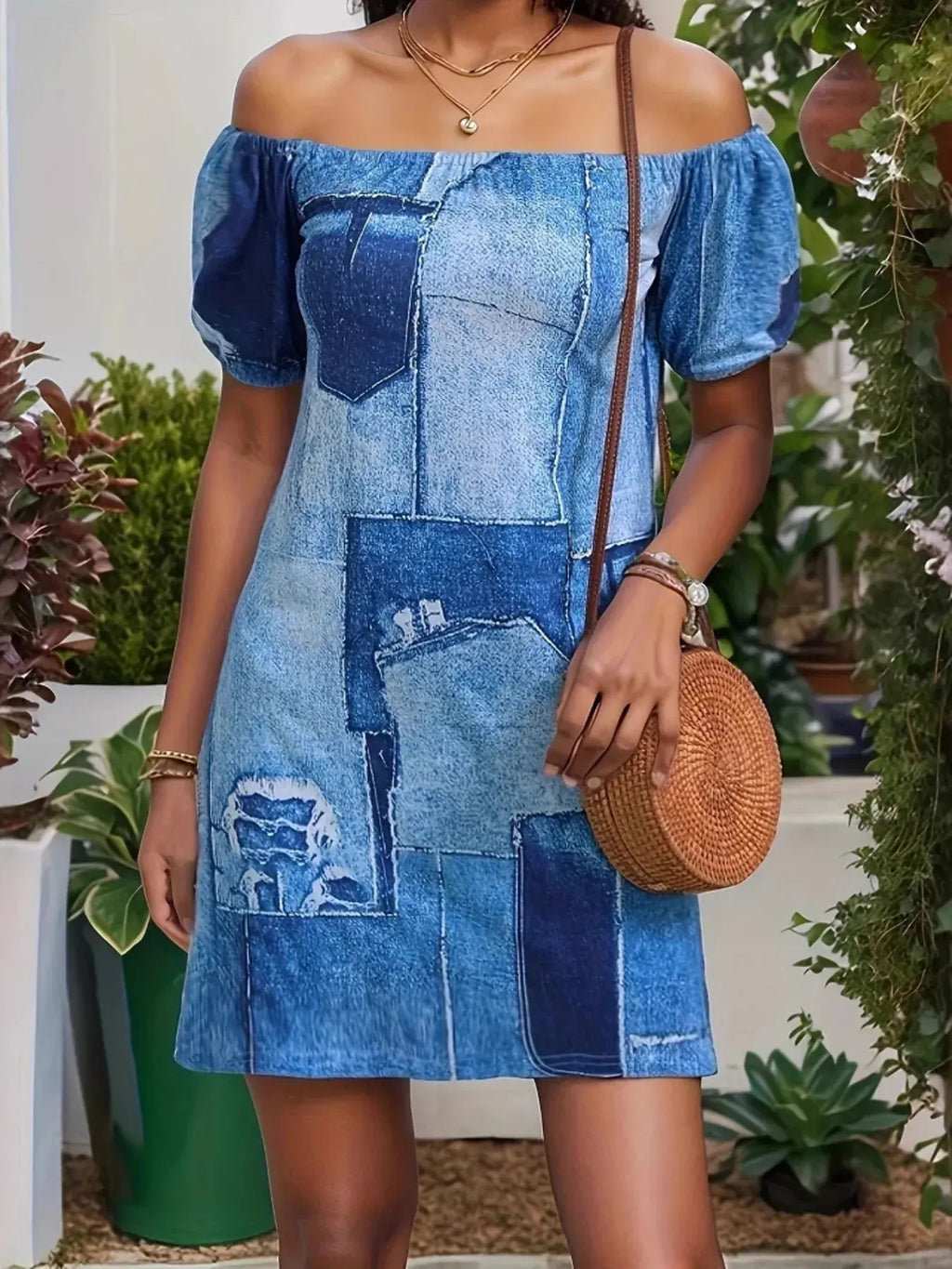 Patchwork Off Shoulder Denim Mini Dress.