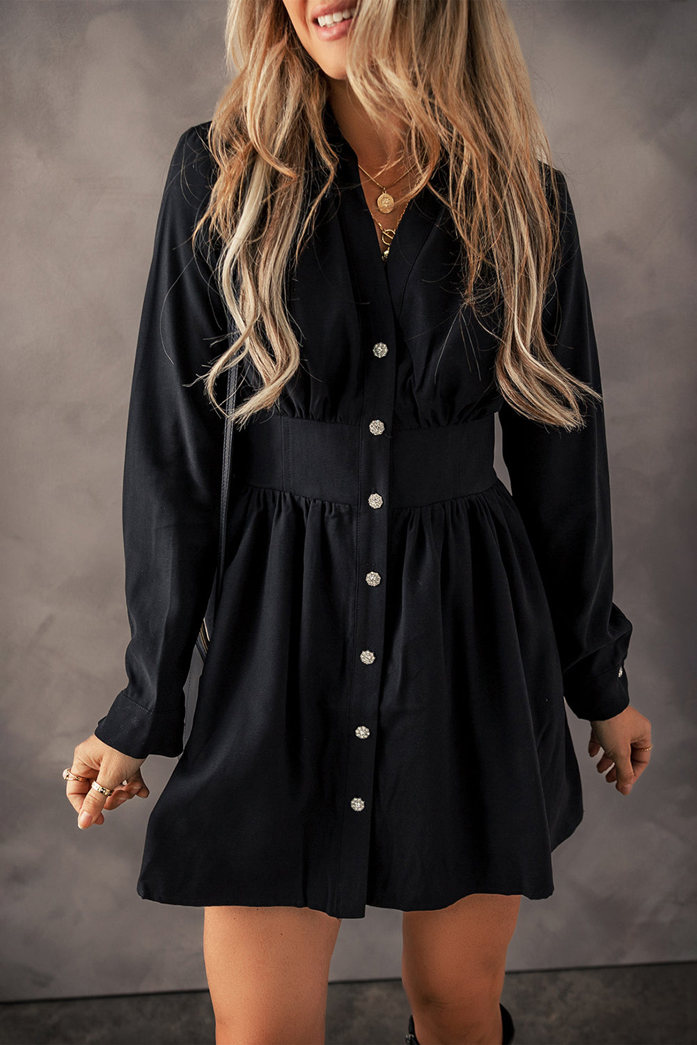 Black Elastic Cinched High Waist Long Sleeve Shirt Mini Dress Dear-Lover Dropshipping