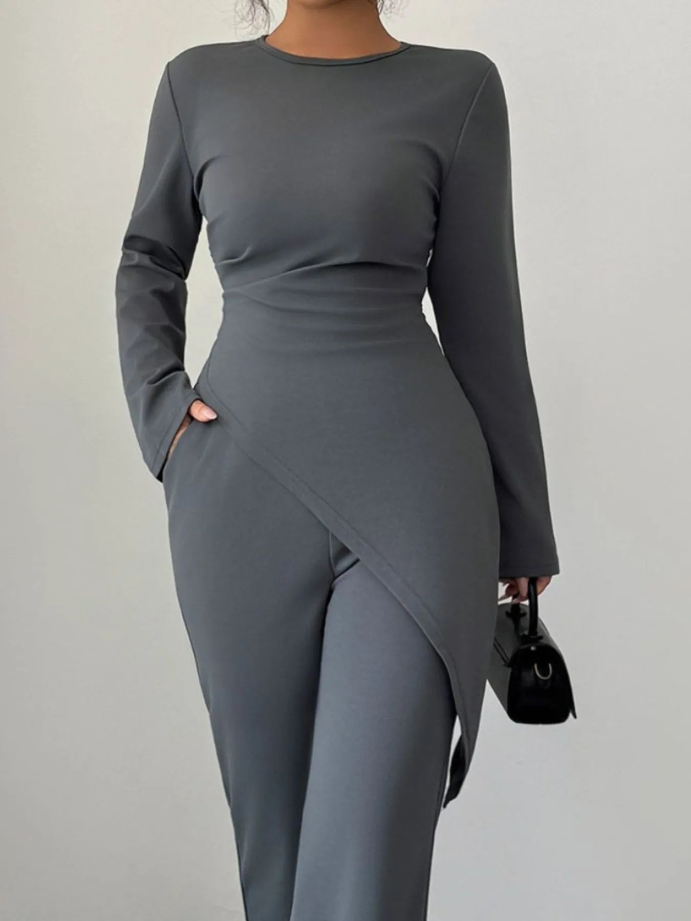 Asymmetric Long Sleeve Top and Pants Set.