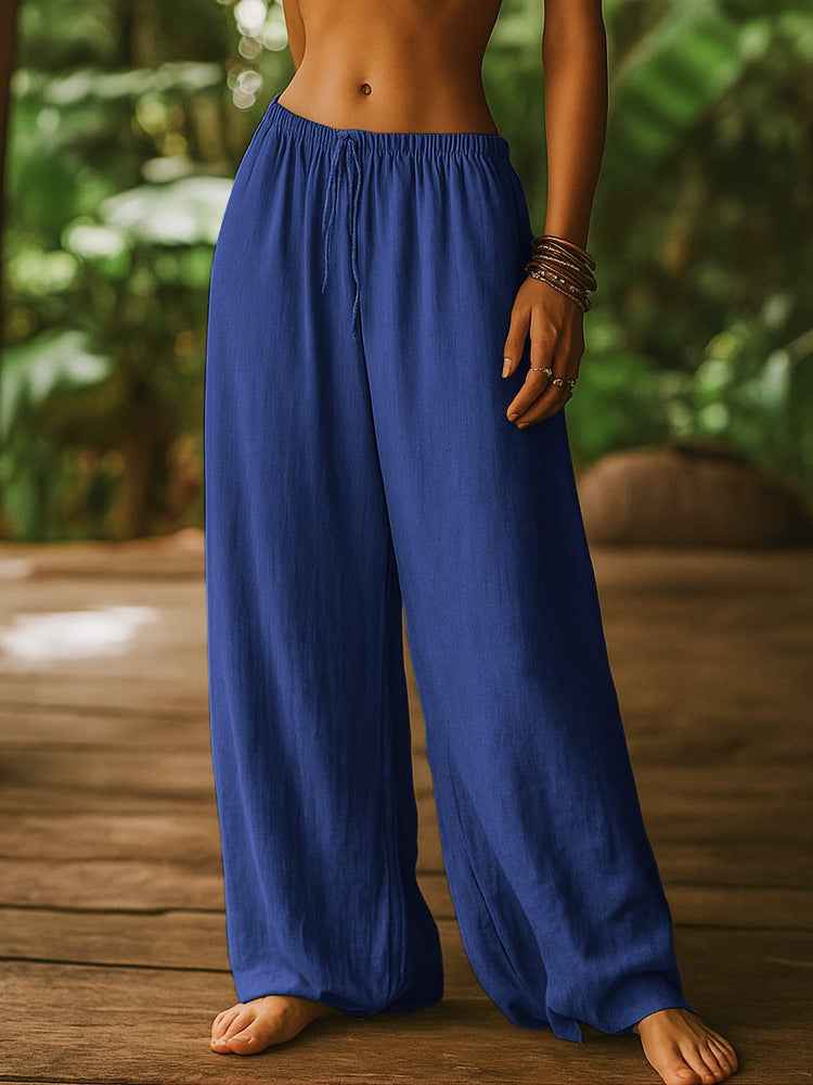 Women's Cotton And Linen Loose Pure Color Elastic Waist Pocket Straight Casual Pants