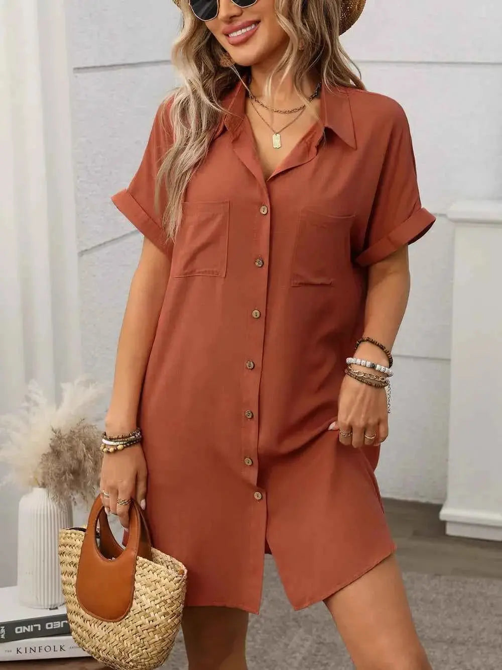 Button Down Short Sleeve Mini Dress.