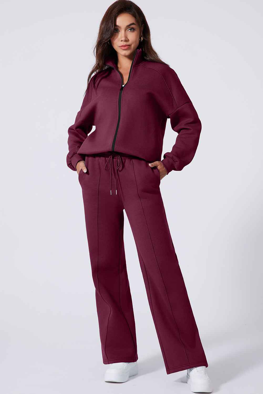 Burgundy Drop Shoulder Zip Up Jacket Drawstring Pants Active 2pcs Set