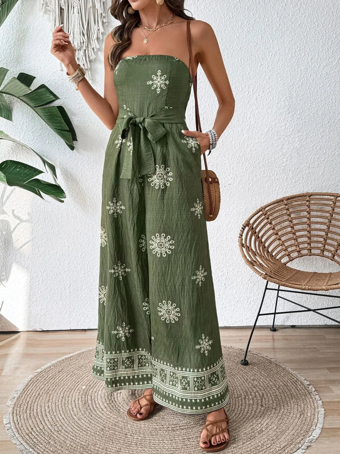 Printed Wide Leg Tube Jumpsuit - CHIC TB