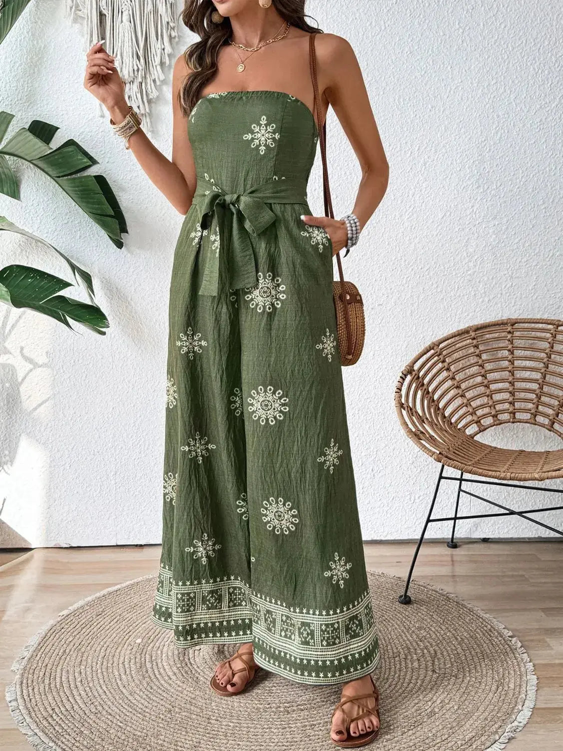 Printed Wide Leg Tube Jumpsuit.
