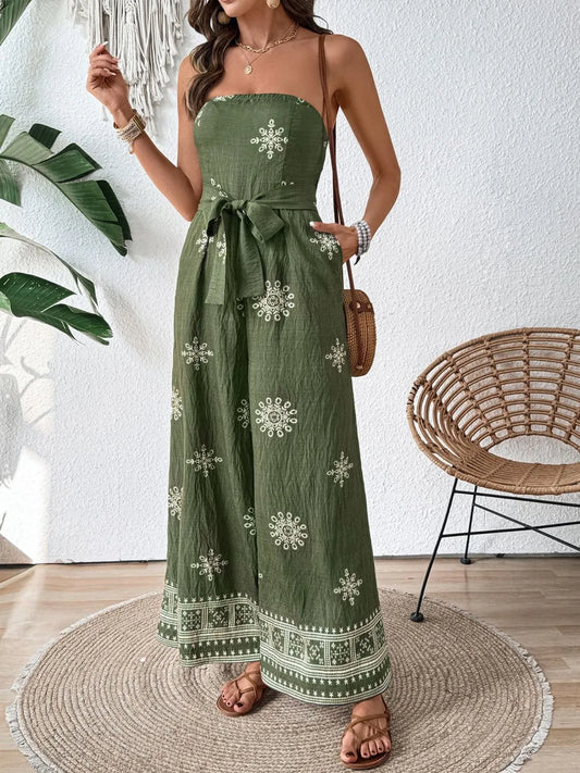 Printed Wide Leg Tube Jumpsuit - CHIC TB