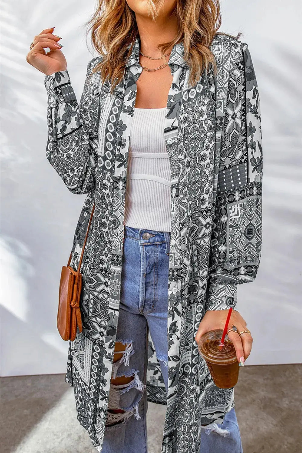Printed Button Up Long Sleeve Cardigan.