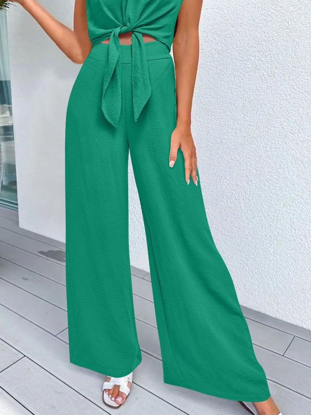 Tie Front Top and Wide Leg Pants Set.
