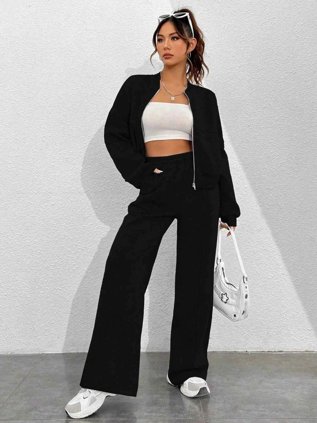 Casual Solid Color Zipper Jacket and Wide Leg Pants Set