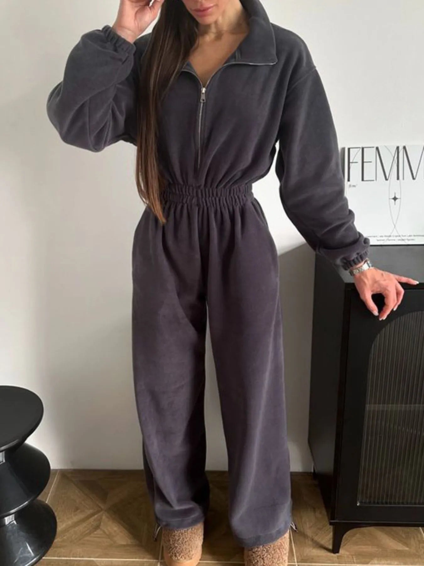 Zip Front Long Sleeve Jumpsuit.