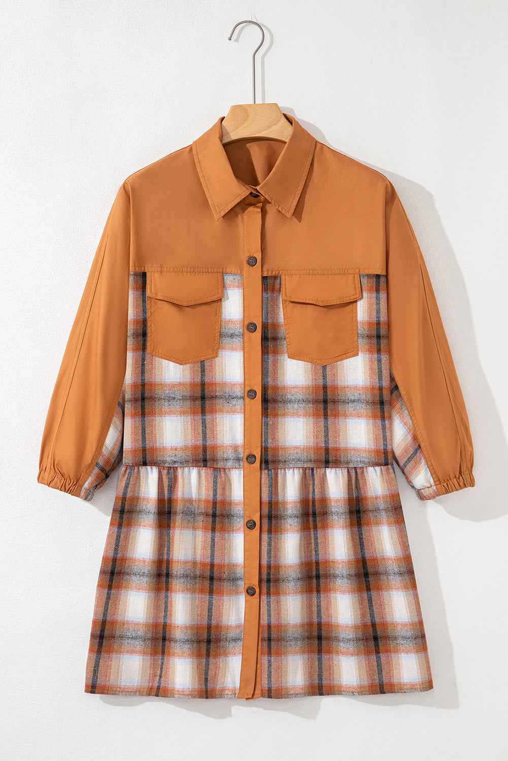 Khaki Plaid Color Block Patchwork Ruffle Hem Tunic Shirt Dress