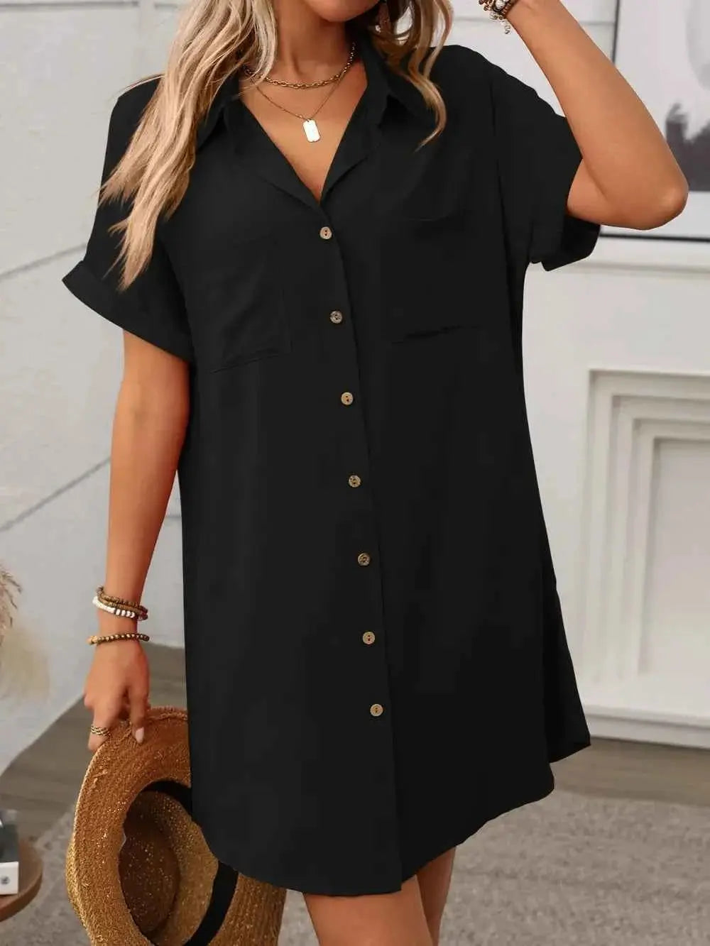 Button Down Short Sleeve Mini Dress.