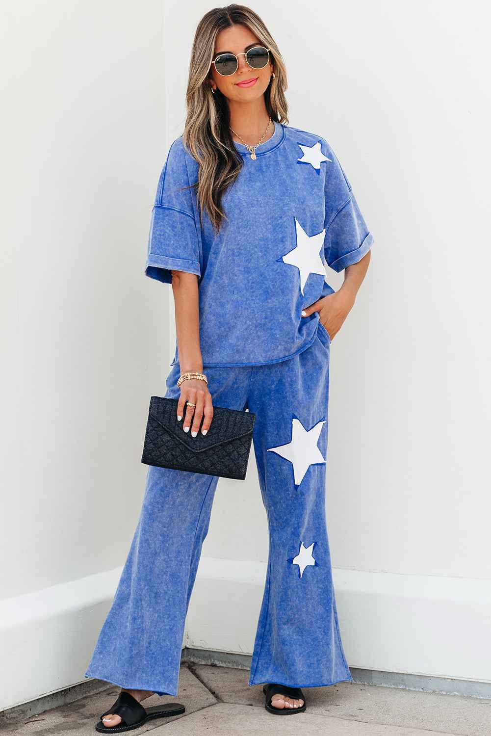 Ashleigh Blue Acid Wash Star Patched Rolled Trim Pants Set
