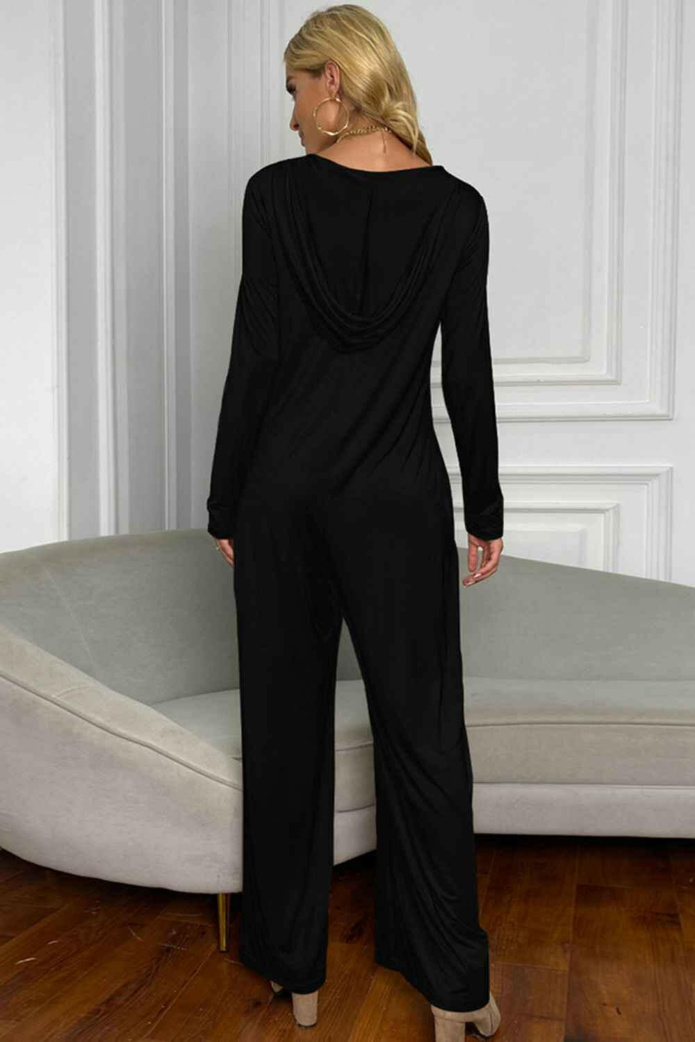 Shiny Long Sleeve V-Neck Jumpsuit with Pockets.