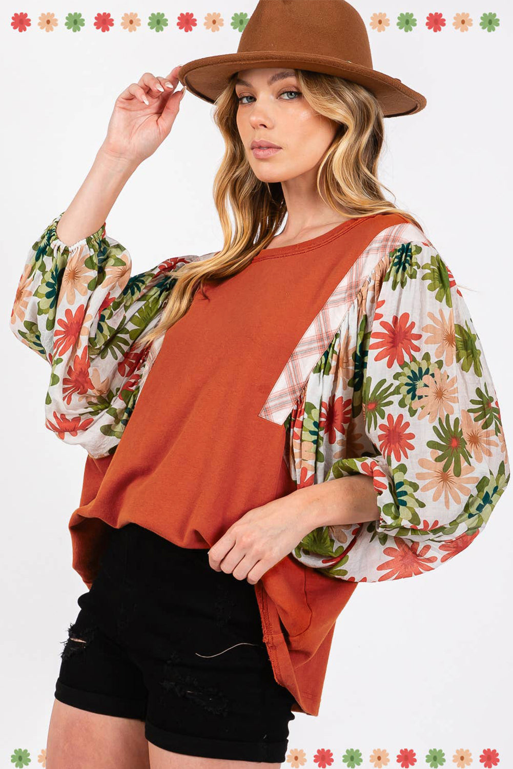 Desert Gold Floral Puff Sleeve Patchwork Round Neck Blouse Dear-Lover Dropshipping