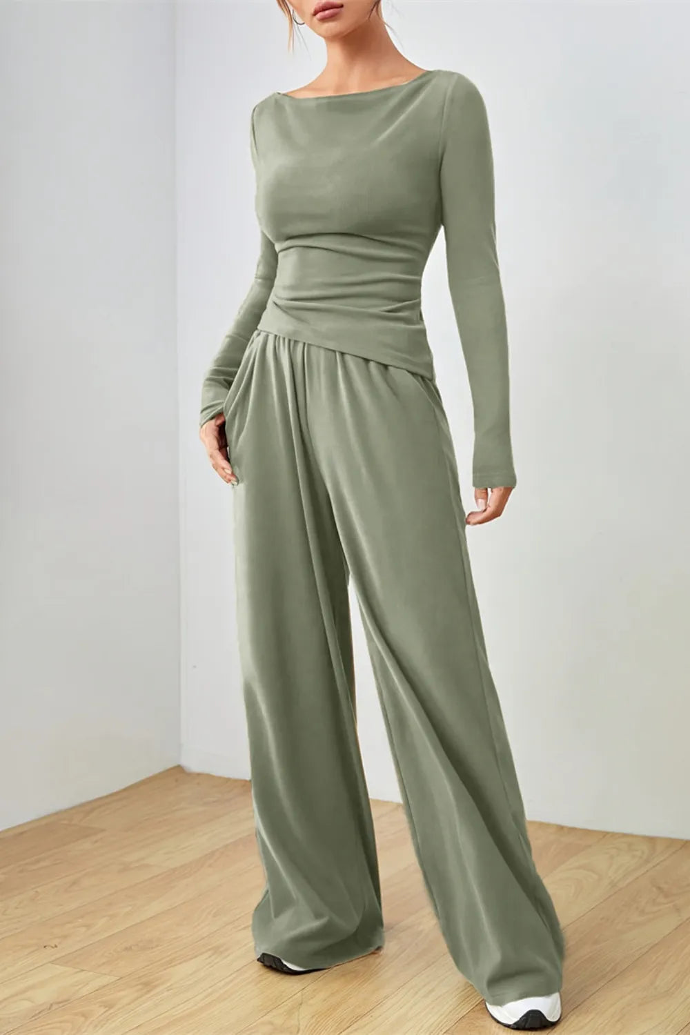 Boat Neck Long Sleeve Top and Pants Set.
