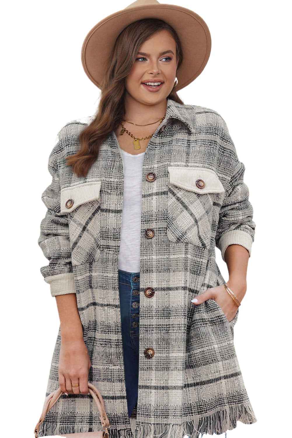 Gray Plus Size Macrame Plaid Coat
