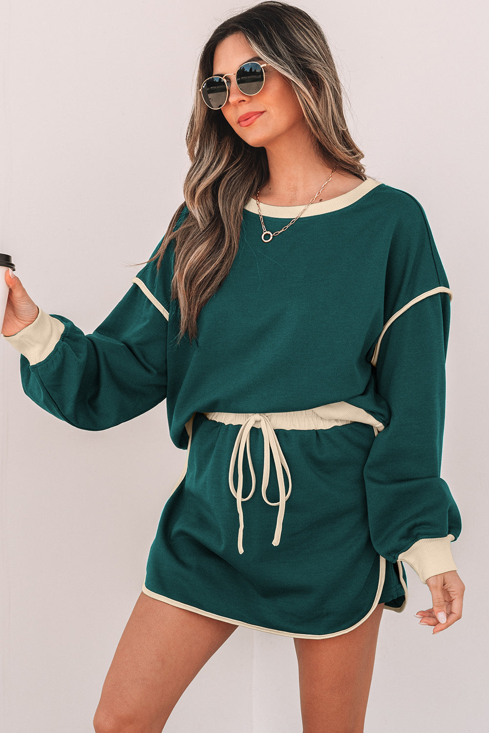 Evergreen Color Contrast Loose Pullover and Lace-up Waist Skort Set Dear-Lover Dropshipping