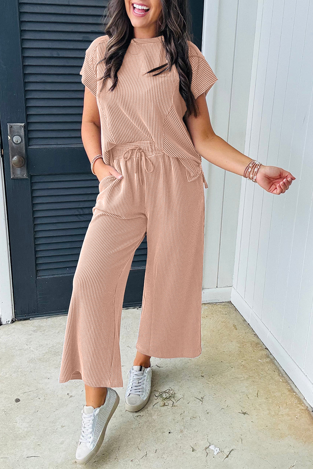Smoke Gray Solid Corded Knit Short Sleeve T Shirt and Wide Leg Pants Set Dear-Lover Dropshipping
