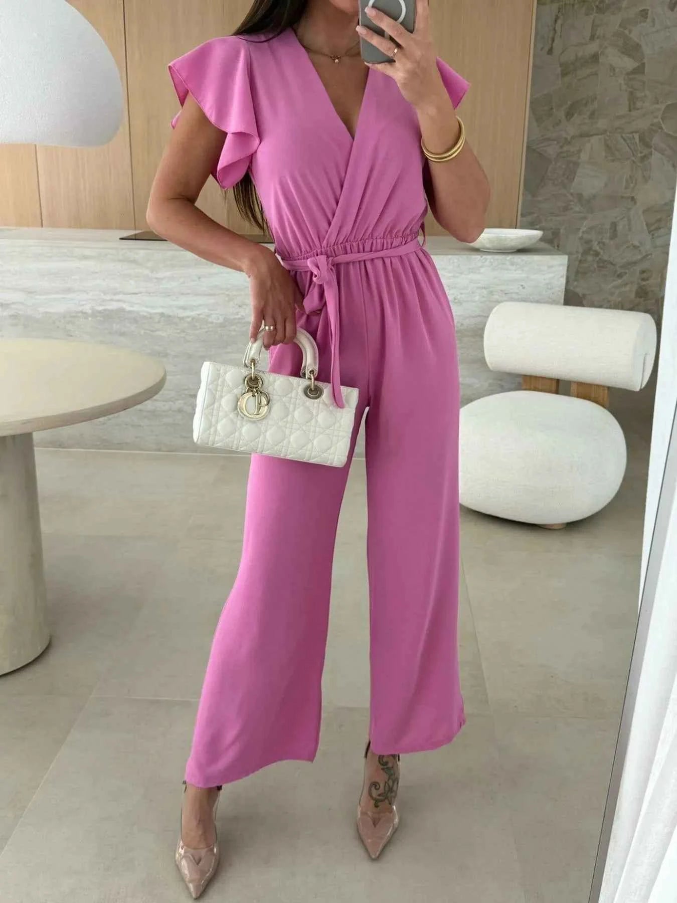 Surplice Wide Leg Belted Jumpsuit