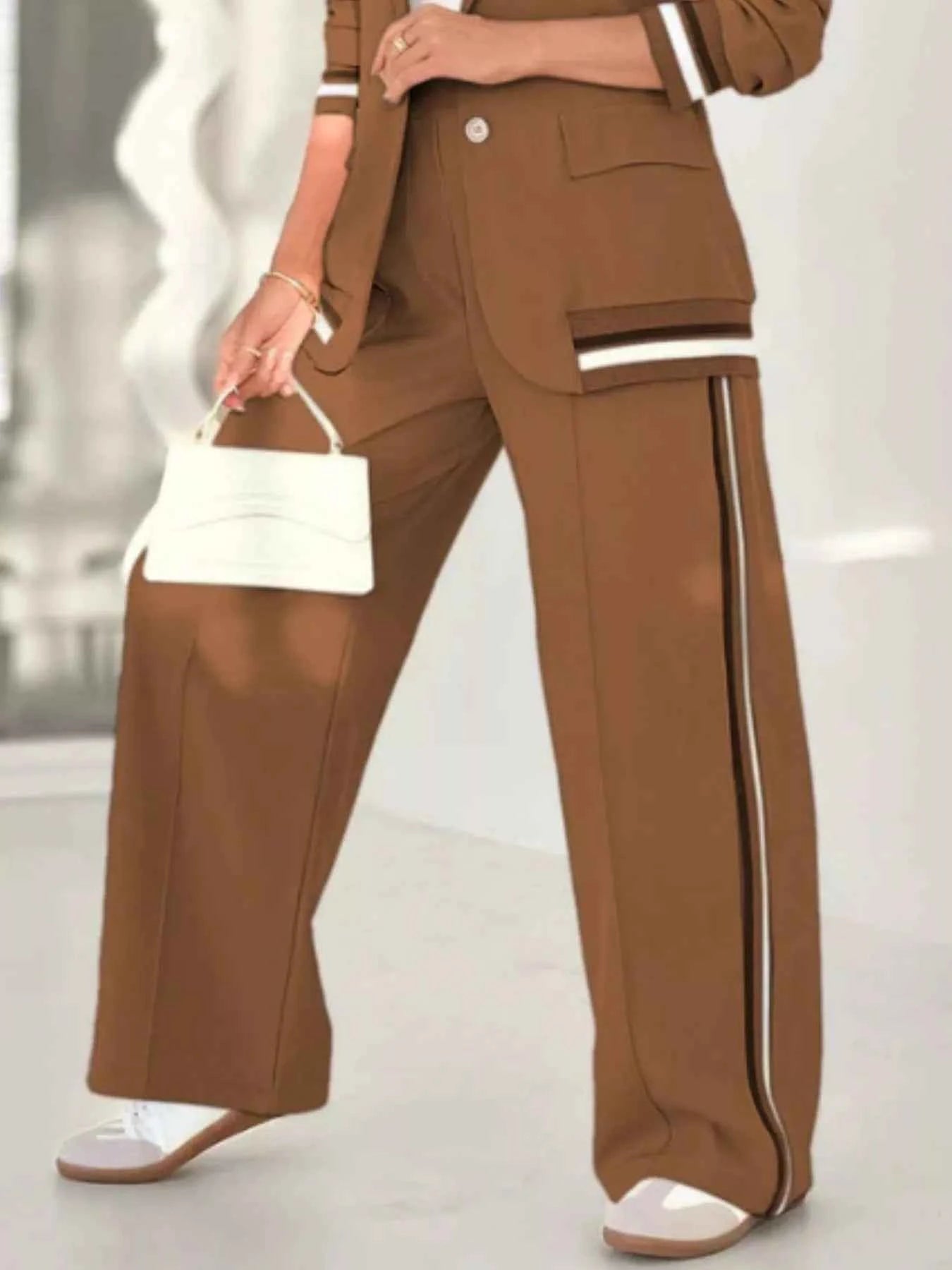 Full Size Striped Trim Button Down Jacket and Pants Set Plus Size